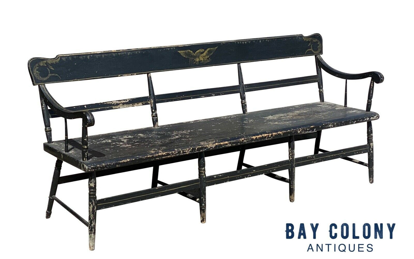 19th C Antique Black Painted Farmhouse / Deacons Bench - 6.5 Feet - Eagle Paint