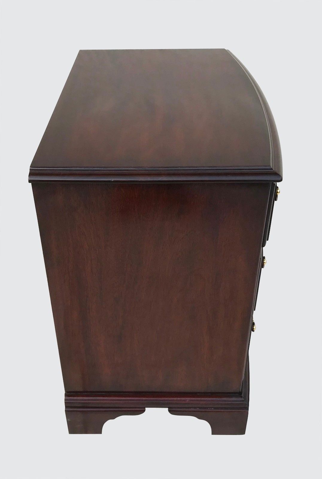 CHIPPENDALE STYLED HENKEL & HARRIS BOW FRONT BACHELORS CHEST WITH WRITING SLIDE