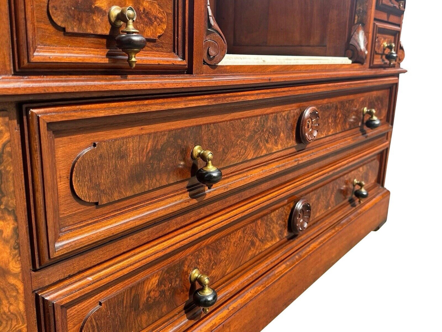 Antique Victorian Burled Walnut Marble Top Dresser With Fine Shell Carved Mirror