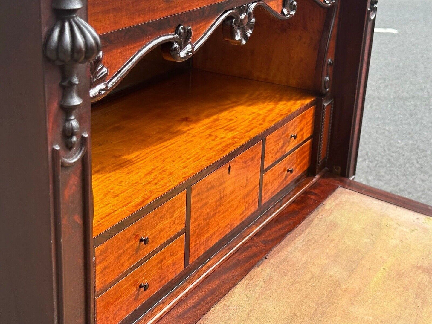 Antique Biedermeier Mahogany & Satinwood Secretary Abattant Desk With Marble Top