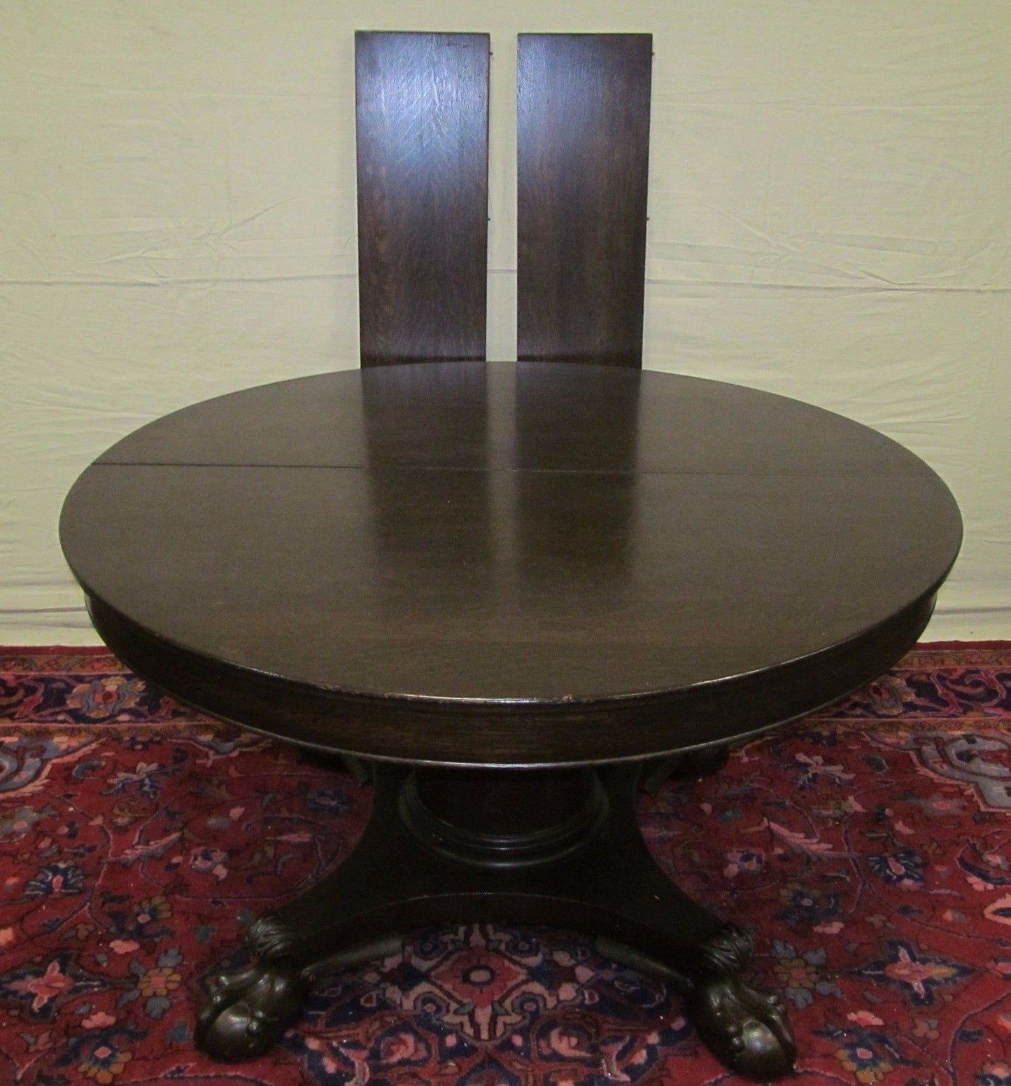 VICTORIAN SOLID TIGER OAK DINING TABLE ON PEDESTAL TALON LEG CARVED BASE