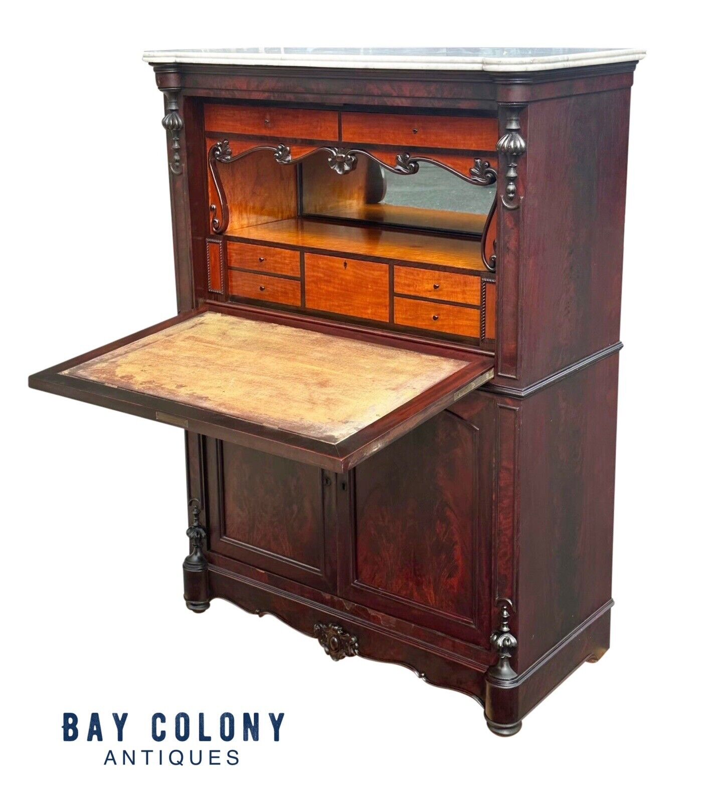 Antique Biedermeier Mahogany & Satinwood Secretary Abattant Desk With Marble Top