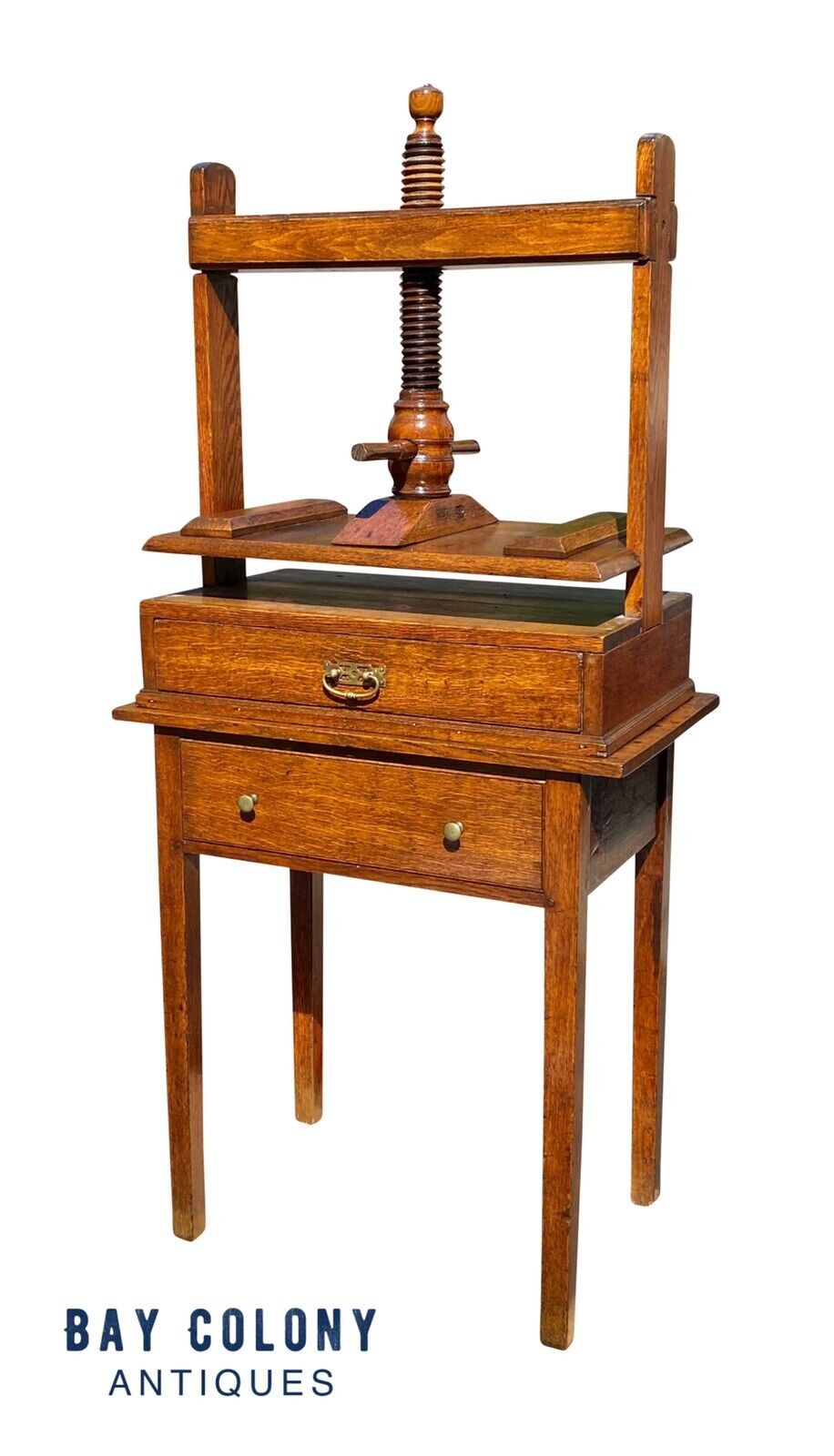 18th C Antique English Tiger Oak Book Press on Stand With 2 Drawers