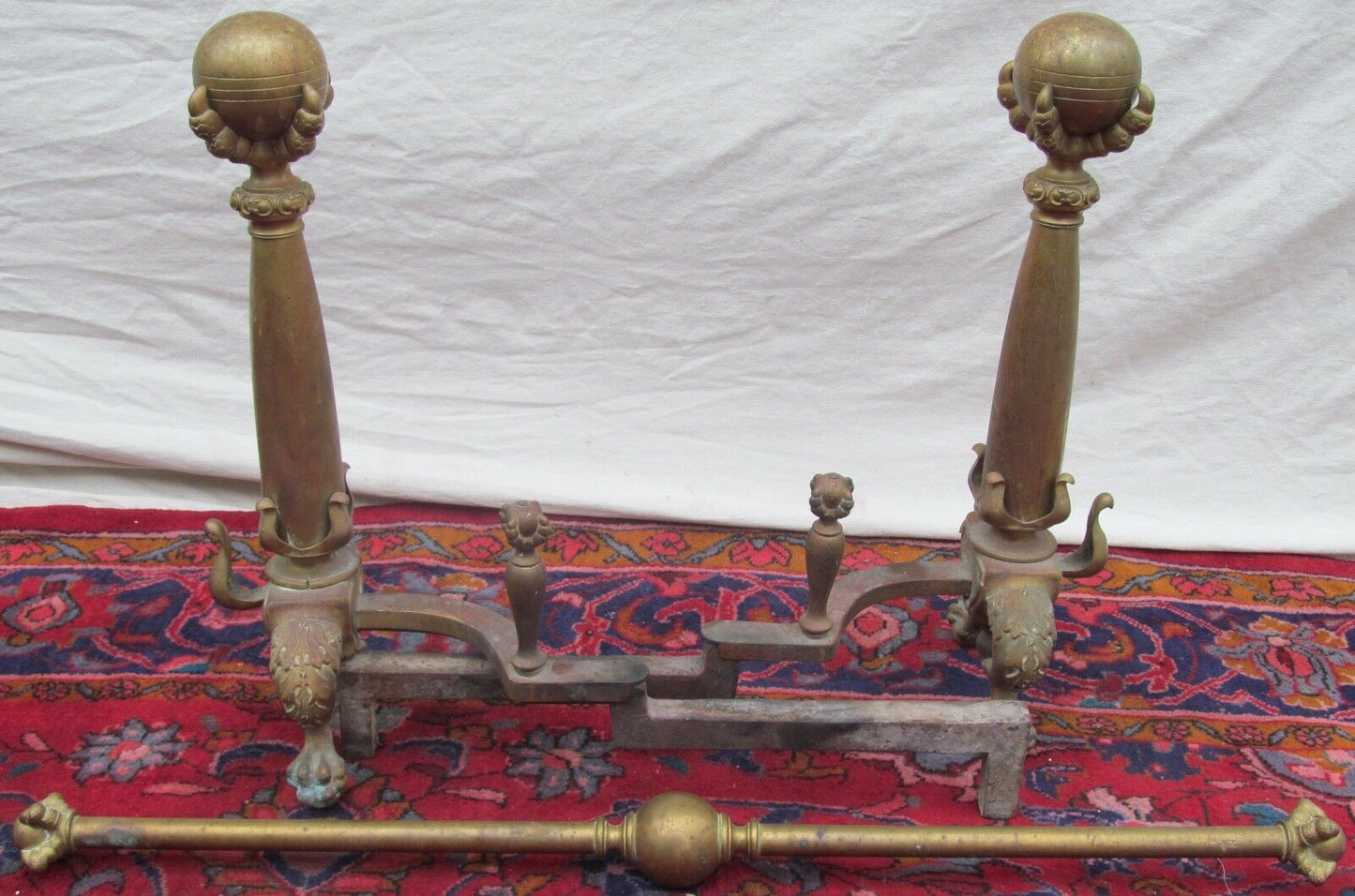 MONUMENTAL ANTIQUE CHIPPENDALE BALL & CLAW FIREPLACE ANDIRON SET W/ FENDER BAR