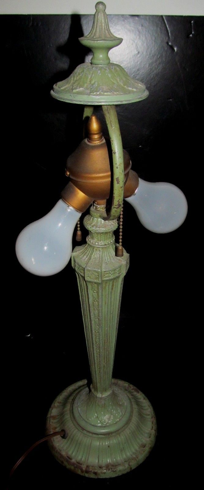 ART NOUVEAU CURVED SLAG GLASS LAMP IN ORIGINAL VERDIGRIS PAINT SIGNED RAINAUD