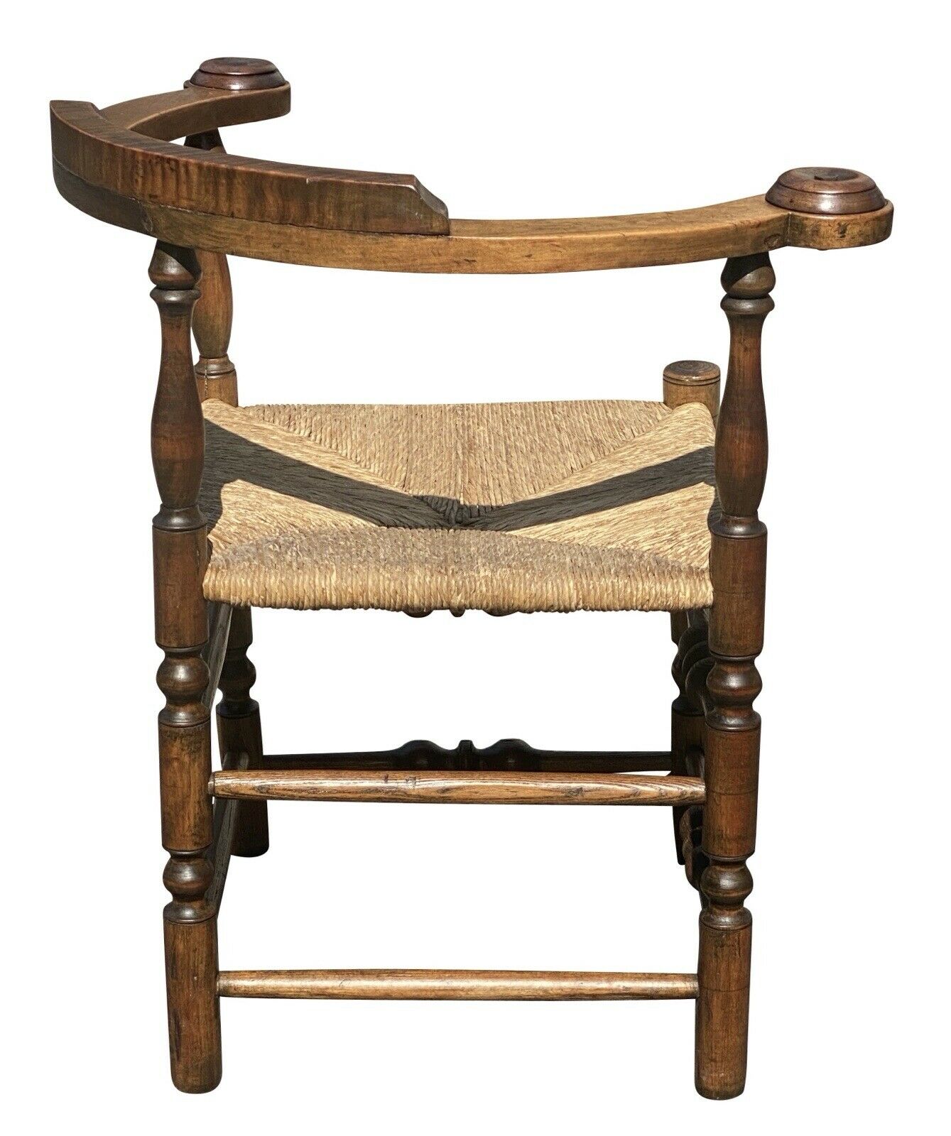 18TH C ANTIQUE QUEEN ANNE TIGER MAPLE ROUNDABOUT / CORNER CHAIR W/ RUSH SEAT