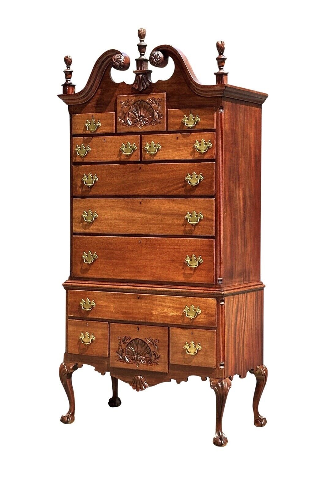 Antique Chippendale Style Mahogany Shell Carved Highboy on Ball & Claw Feet