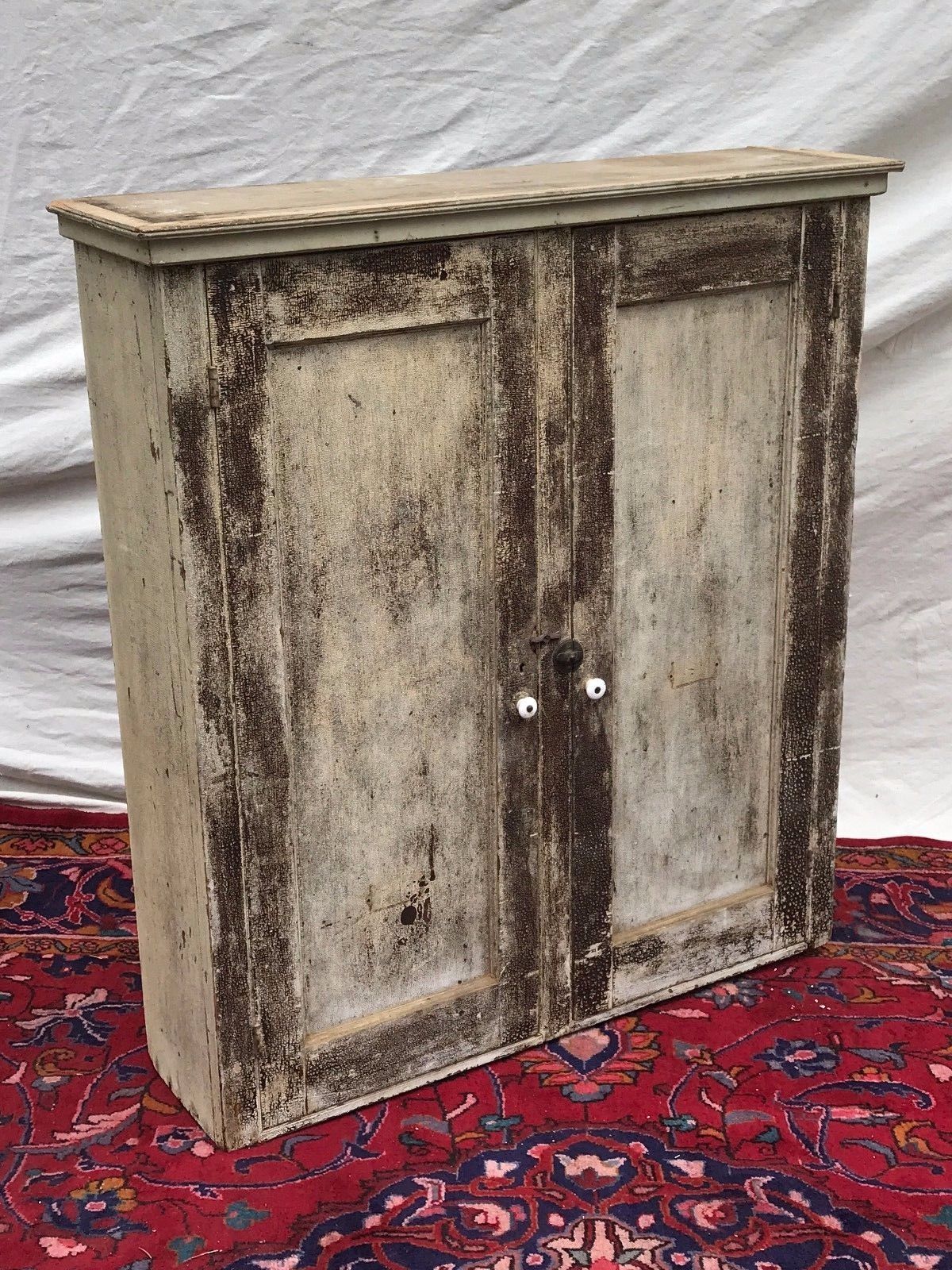 19TH CENTURY PRIMITIVE PINE WALL CABINET IN NICE OLD GREEN PAINT FINISH