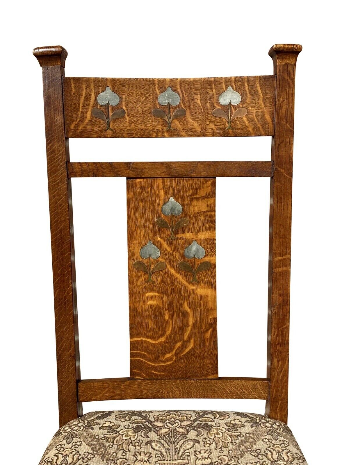 20TH C ANTIQUE ARTS & CRAFTS / ART NOUVEAU TIGER OAK SIDECHAIR W/ METAL INLAY
