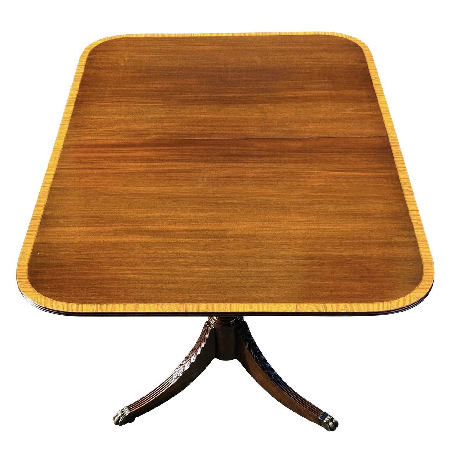 20TH C FEDERAL ANTIQUE STYLE MAHOGANY & SATINWOOD DINING / BANQUET TABLE 8+ FEET
