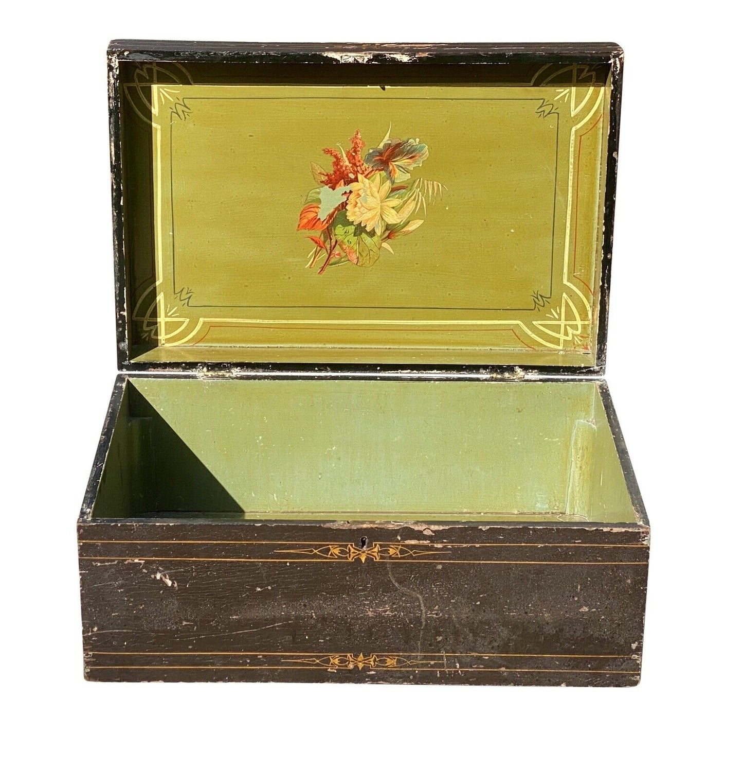 19th C Antique Folk Art Painted Document Box Depicting Native American War Chief