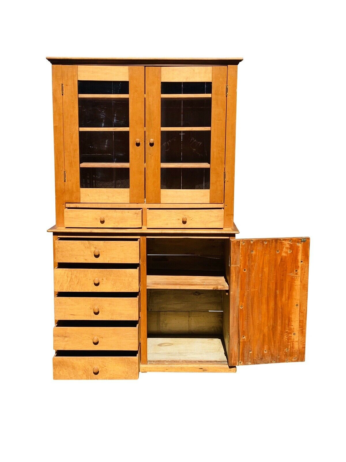 19TH C COUNTRY PRIMITIVE ANTIQUE SHAKER MAPLE CABINET / STEP BACK CUPBOARD HUTCH