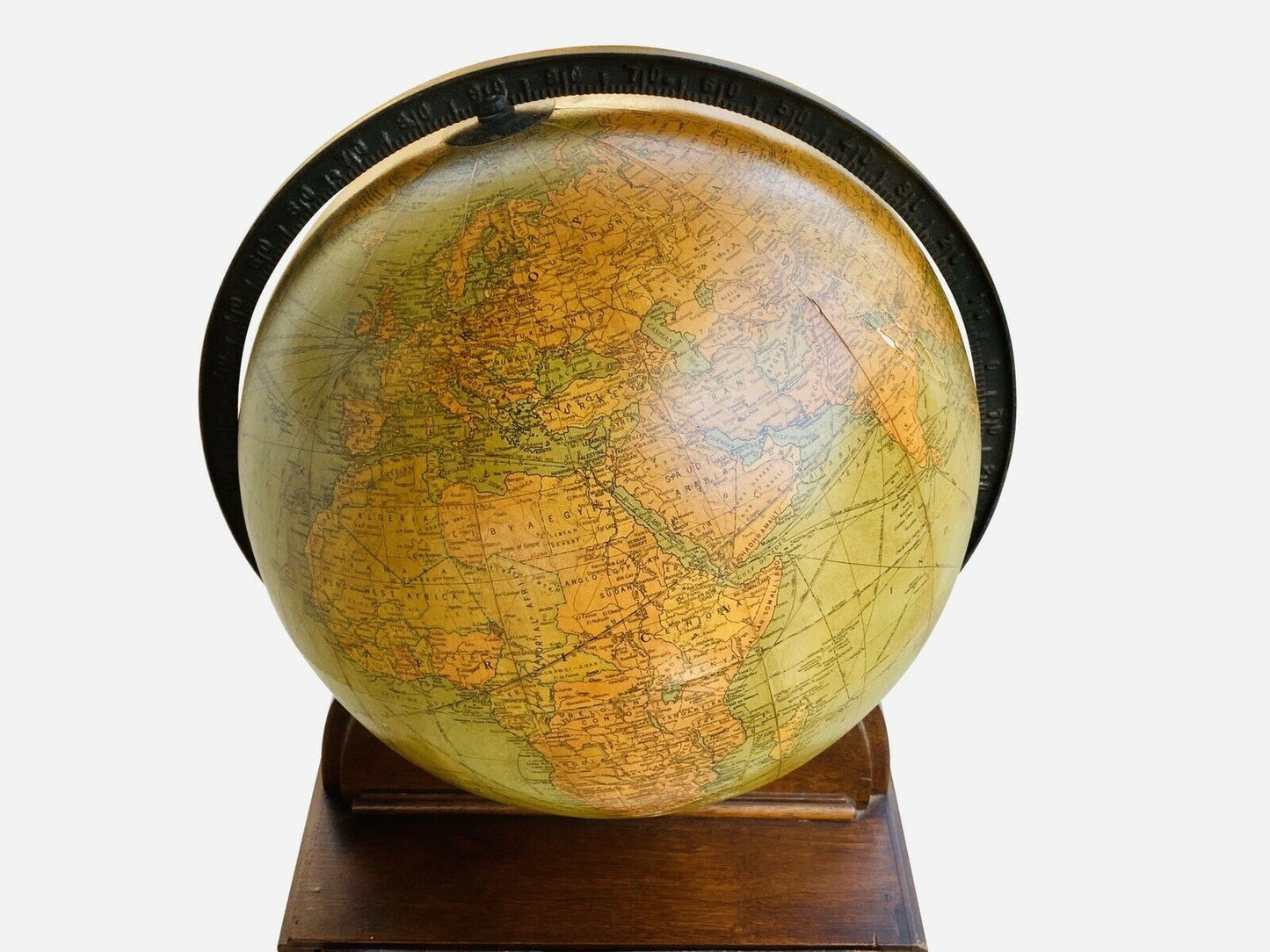 EARLY 20TH C ANTIQUE 1934 REPLOGLE 12 INCH GLOBE W/ ORIGINAL BOOK STORAGE BASE