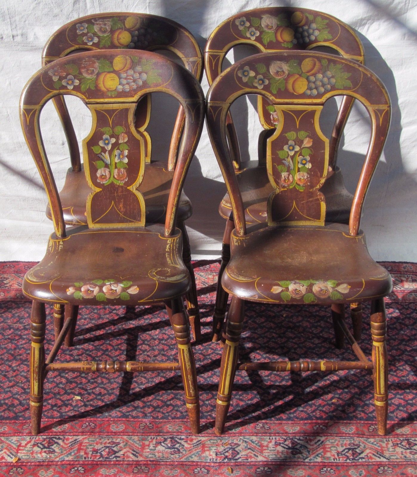 ANTIQUE WONDERFULLY PAINT DECORATED OHIO RIVER VALLEY SET OF FOUR CHAIRS