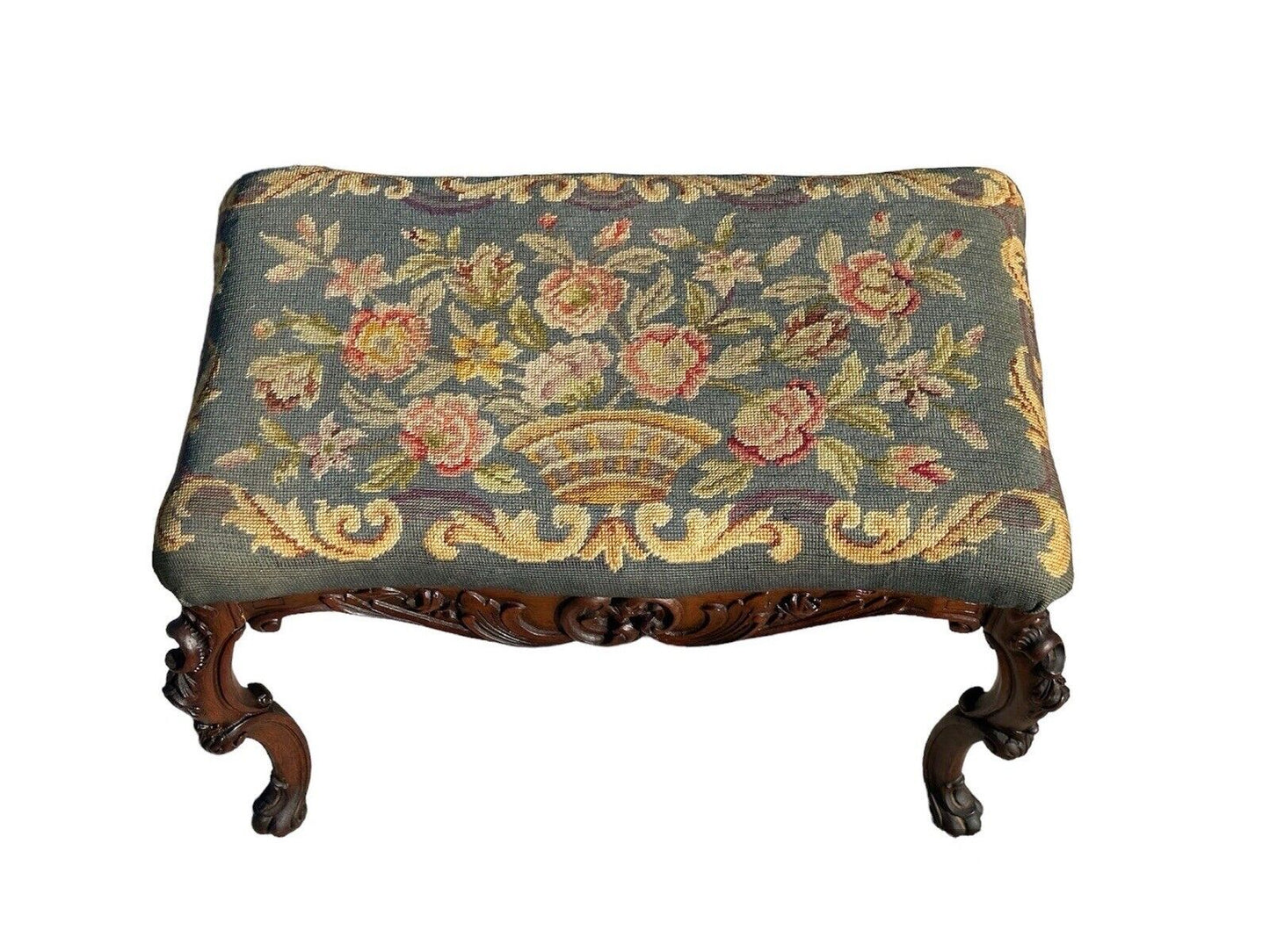 Antique French Louis XV Style Walnut Vanity Bench With Needlepoint Floral Basket