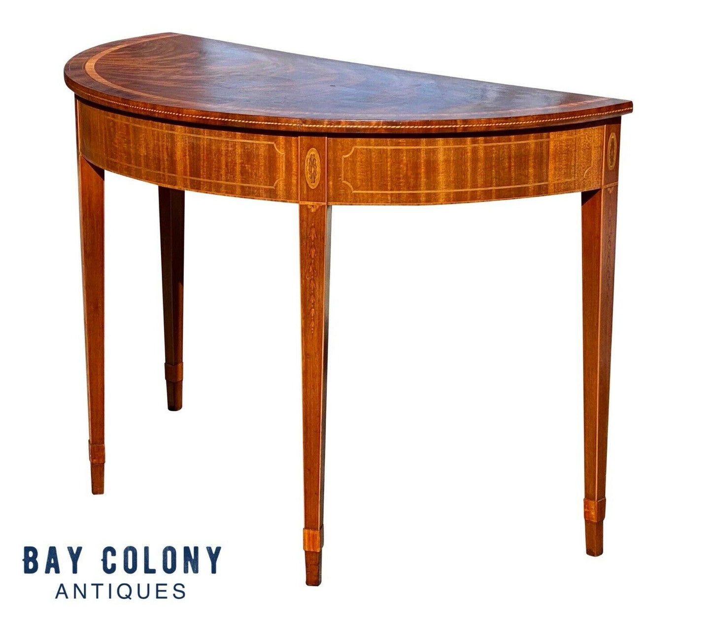 20th C Antique Mahogany Demilune Console Table W/ Satinwood Bellflower Inlays