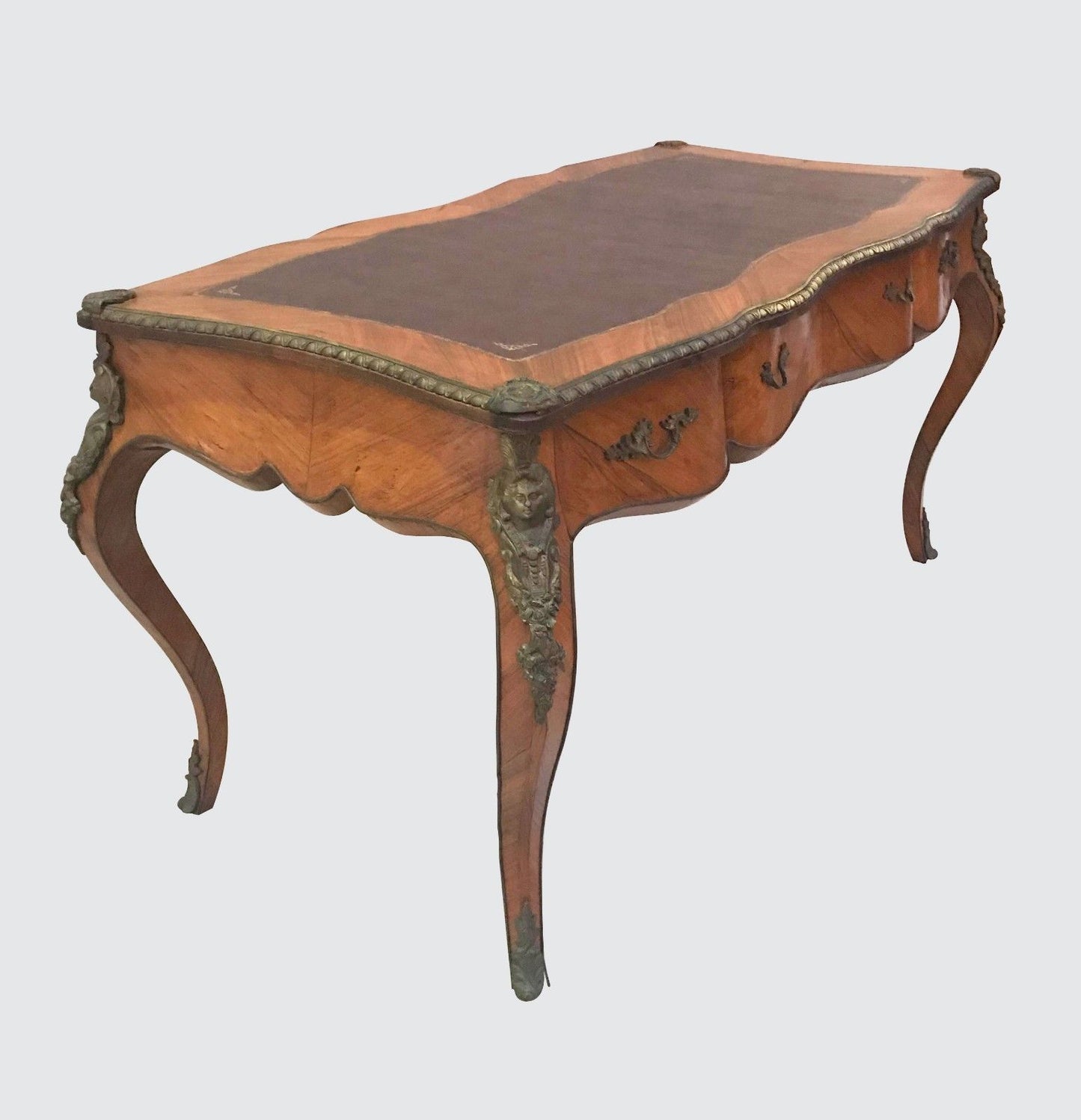 FRENCH LOUIS XV STYLED BUREAU PLAT LEATHER TOPPED WRITING DESK