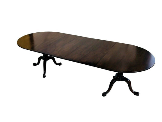 20TH C HENKEL HARRIS DOUBLE PEDESTAL MAHOGANY DINING TABLE ~~ EXPANDS TO 9+ FEET