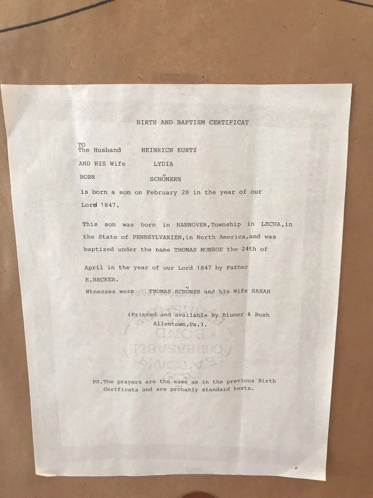 FINELY PAINTED FOLK ART DECORATED BRIGHTLY COLORED 1847 FRAKTUR OF THOMAS MONROE