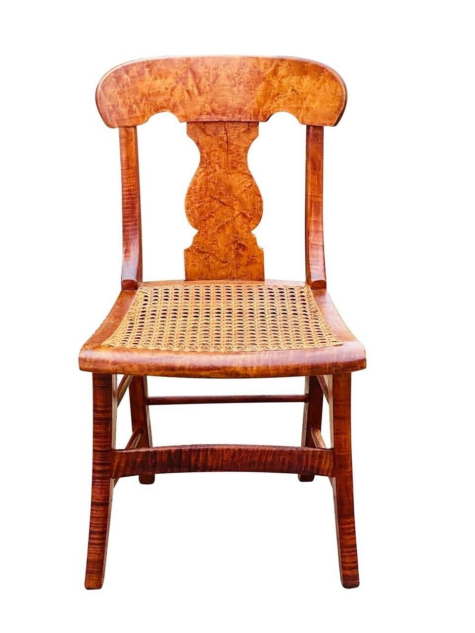 19TH C ANTIQUE TIGER MAPLE & BIRDS EYE MAPLE EMPIRE SABER LEG CHAIR W/ CANE SEAT
