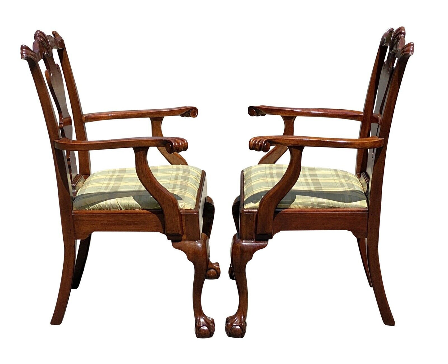 20th C Vintage Pair of Mahogany Henkel Harris Shell Carved Armchairs