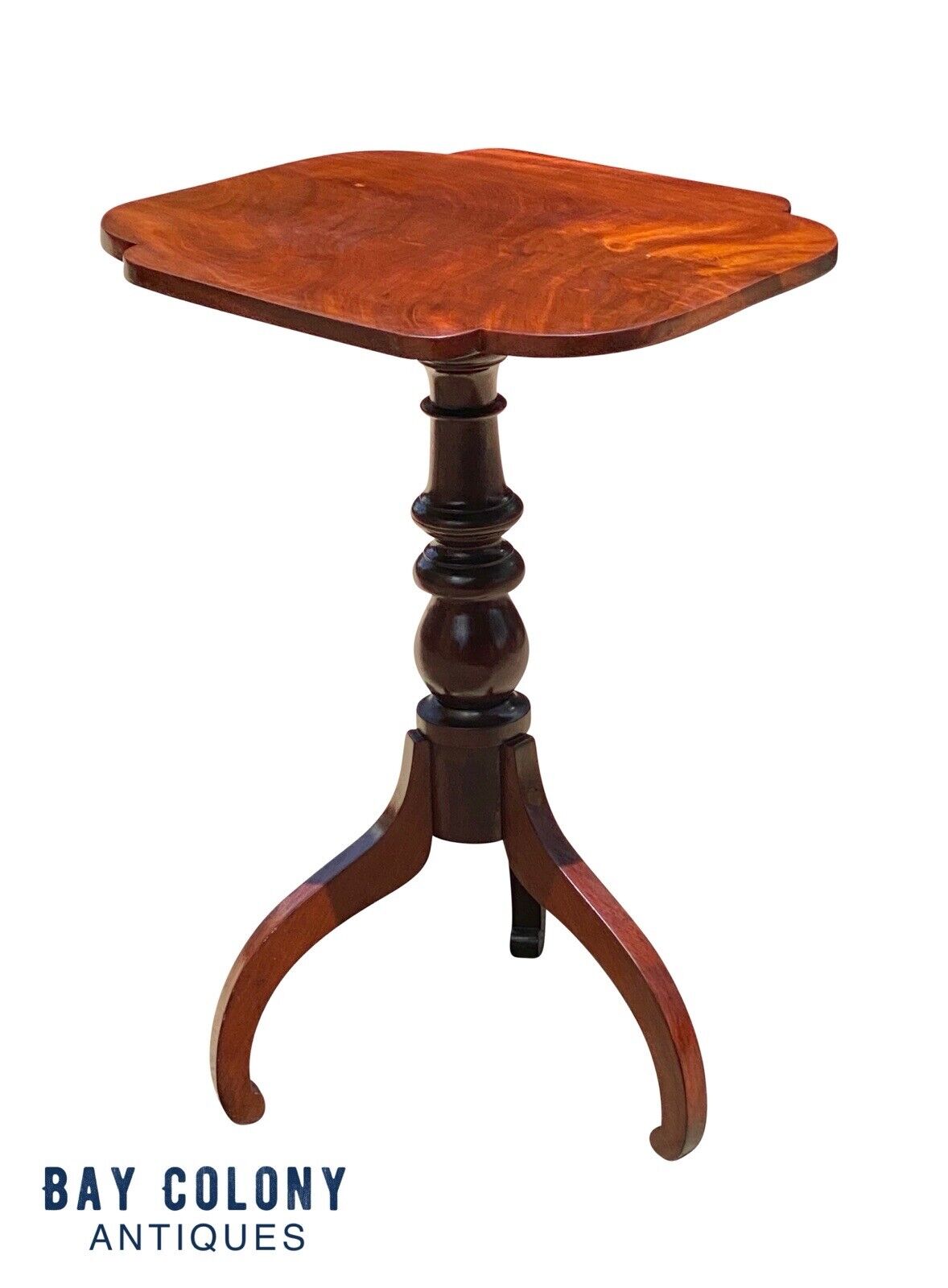 19th C Antique Boston Mahogany Tilt Top Candlestand W/ Scalloped Top