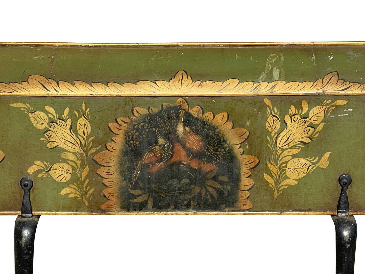 19th C Antique Green & Gilt Paint Tole Fireplace Warmer W/ Folk Art Paintings