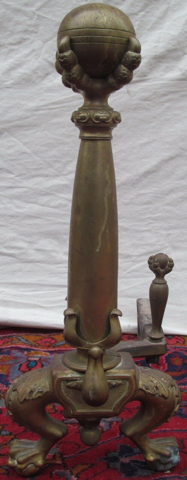 MONUMENTAL ANTIQUE CHIPPENDALE BALL & CLAW FIREPLACE ANDIRON SET W/ FENDER BAR