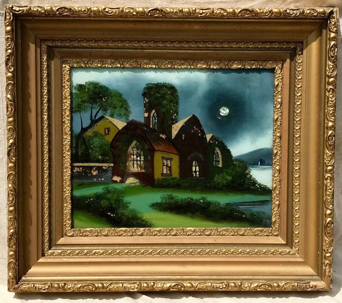 19TH C. NEW ENGLAND COTTAGE LANDSCAPE W/ MOTHER OF PEARL ILLUMINATED MOON