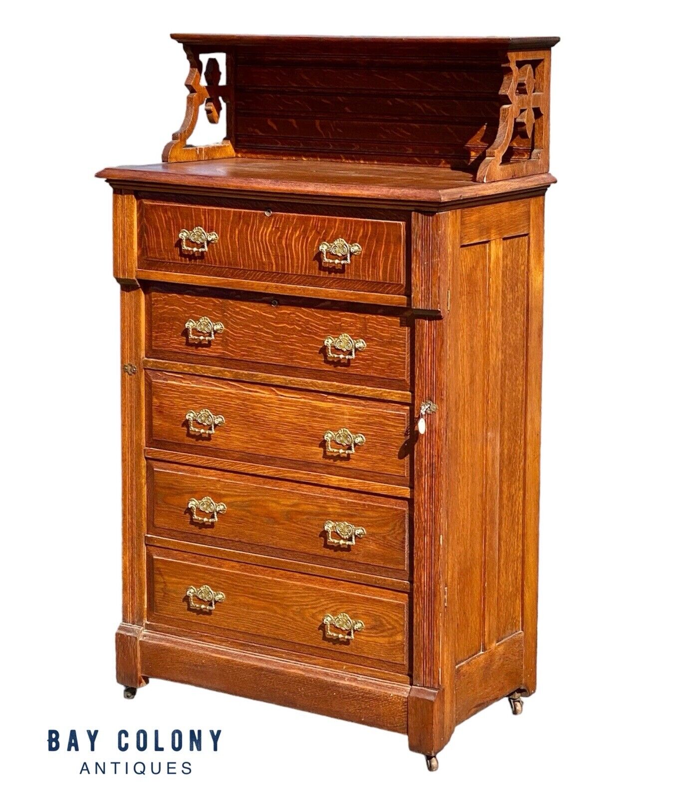 Antique Victorian Tiger Oak Chest Of Drawers / Lock Side Chest