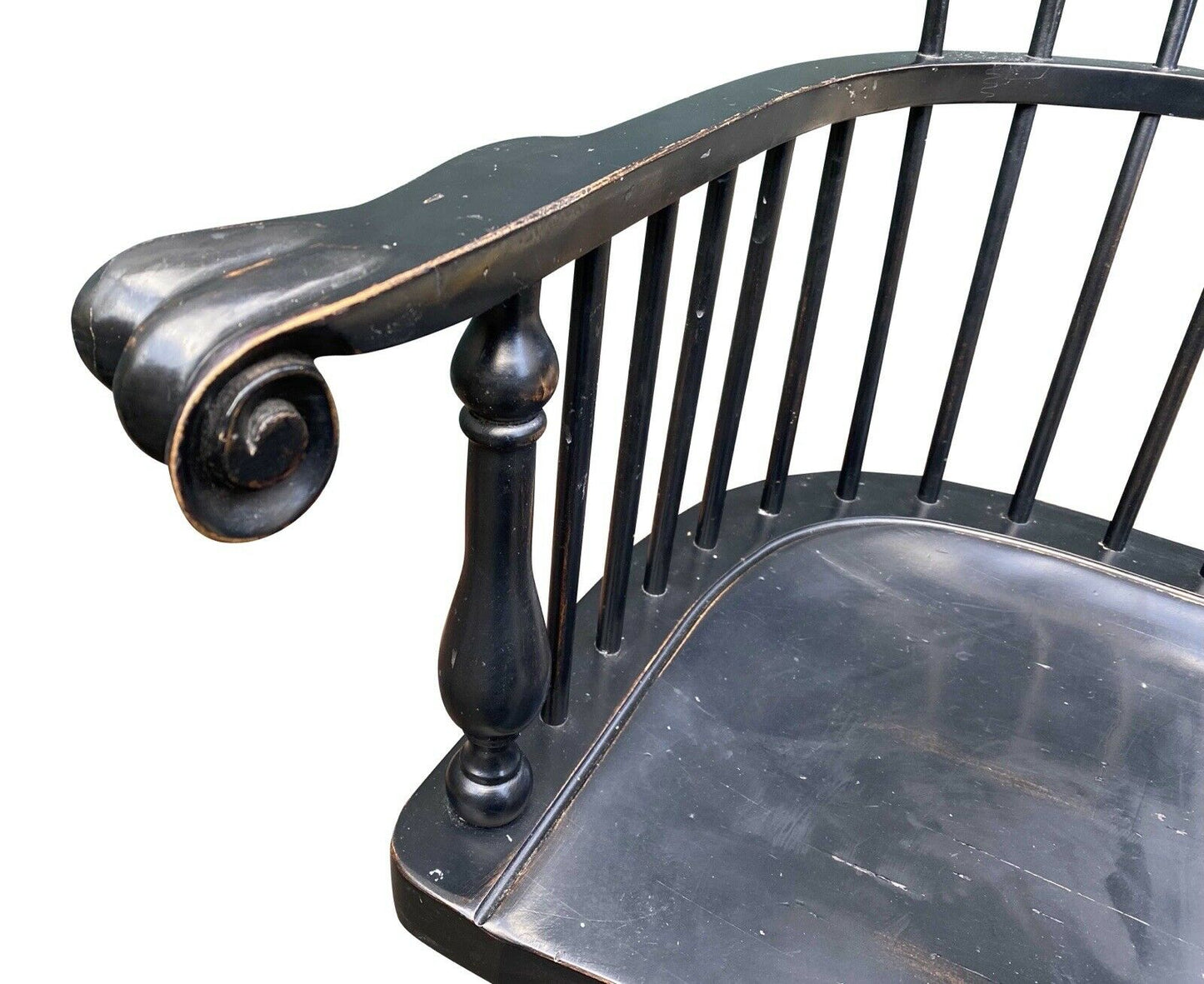 20th C Antique Style Pair of Windsor Comb Back Black Painted Arm Chairs