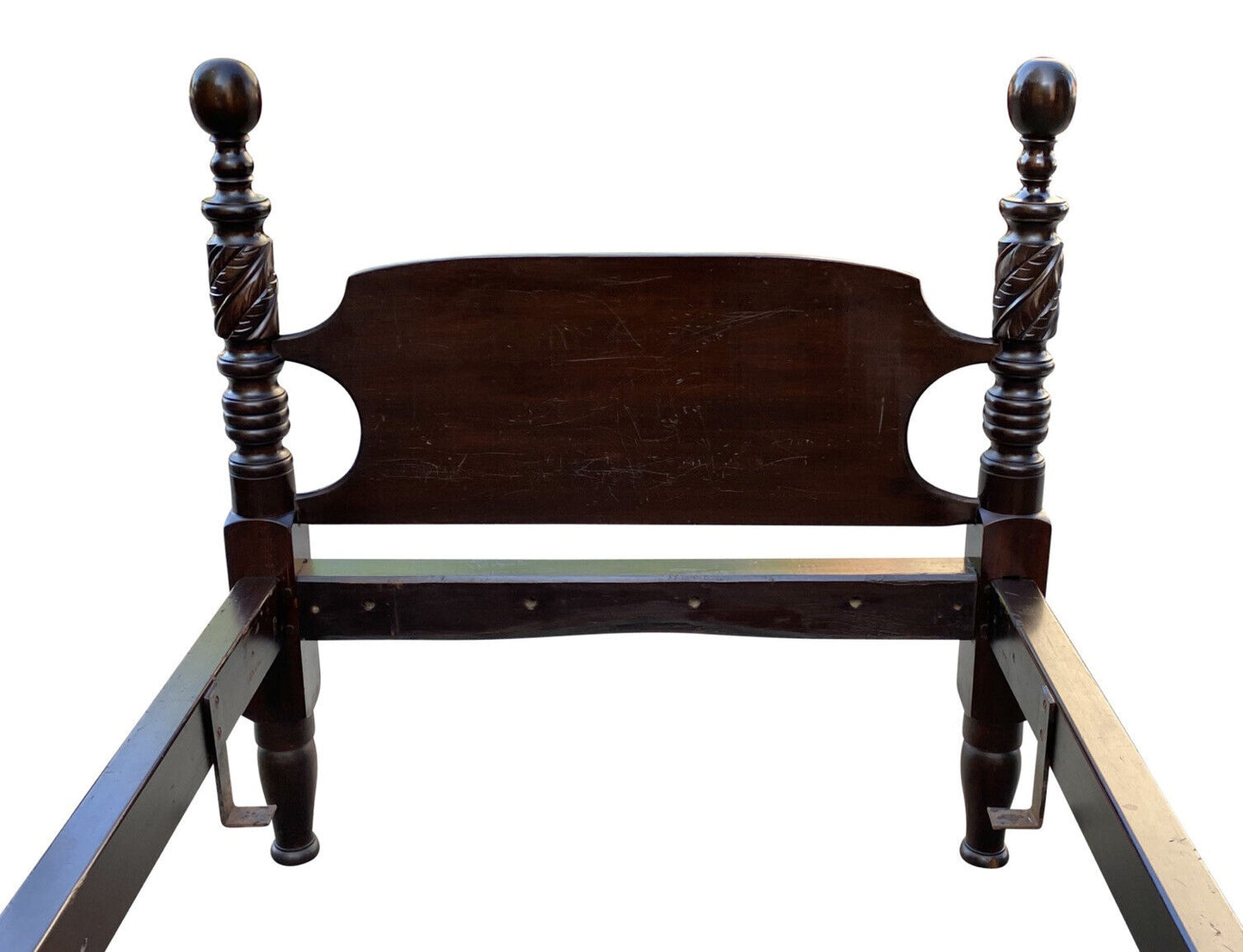 19th C Antique Pair of Twin Size Cannonball Beds W/ Acanthus Leaf Carved Posts