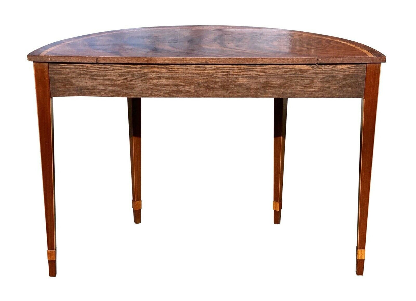 20th C Antique Mahogany Demilune Console Table W/ Satinwood Bellflower Inlays