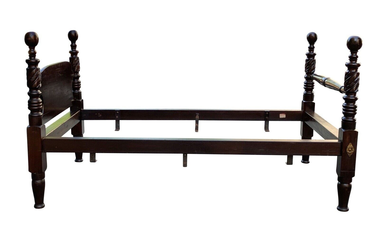 19th C Antique Pair of Twin Size Cannonball Beds W/ Acanthus Leaf Carved Posts