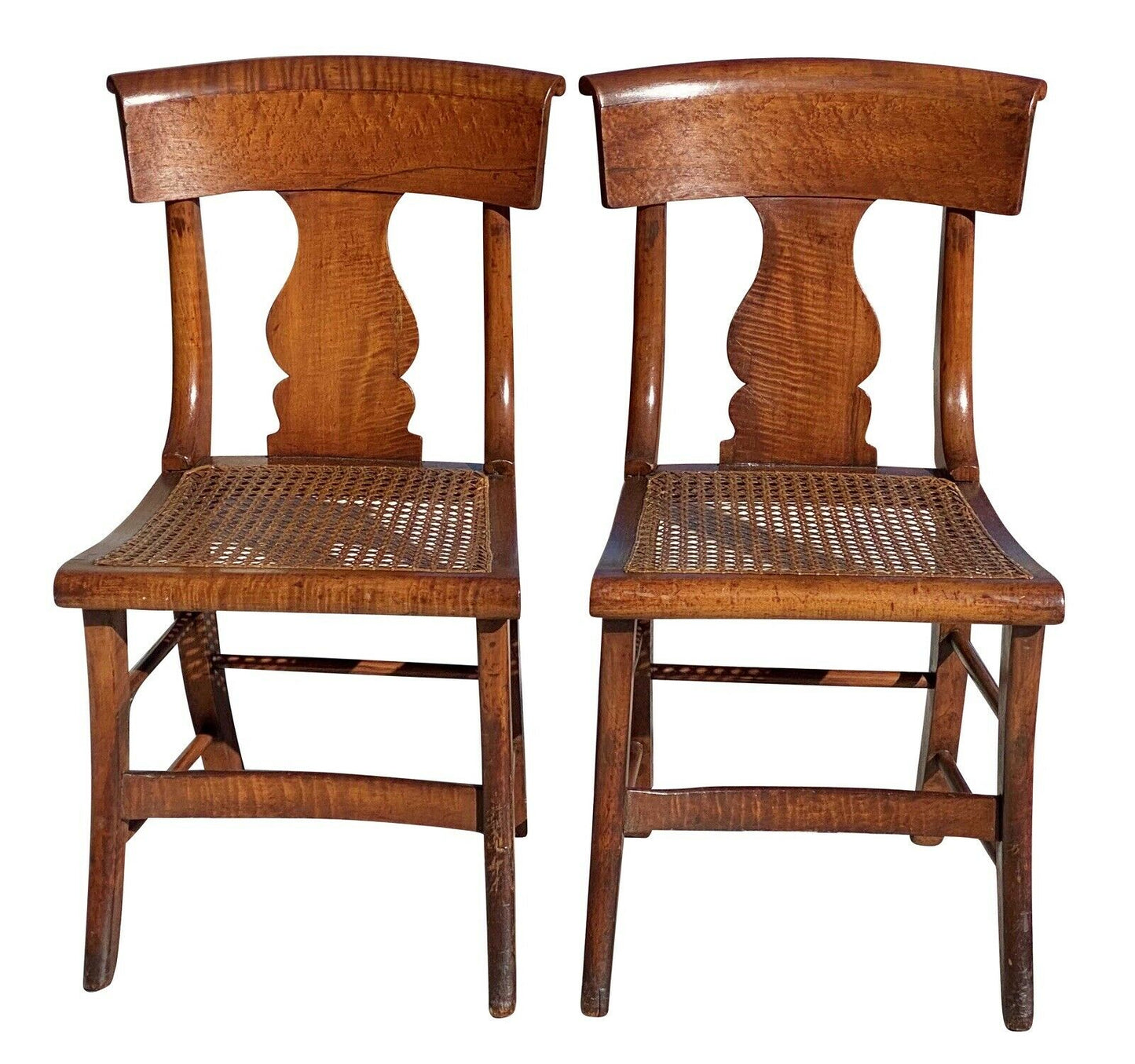 19th C Antique Pair of Tiger Maple & Birds Eye Maple Sabre Leg Dining Chairs