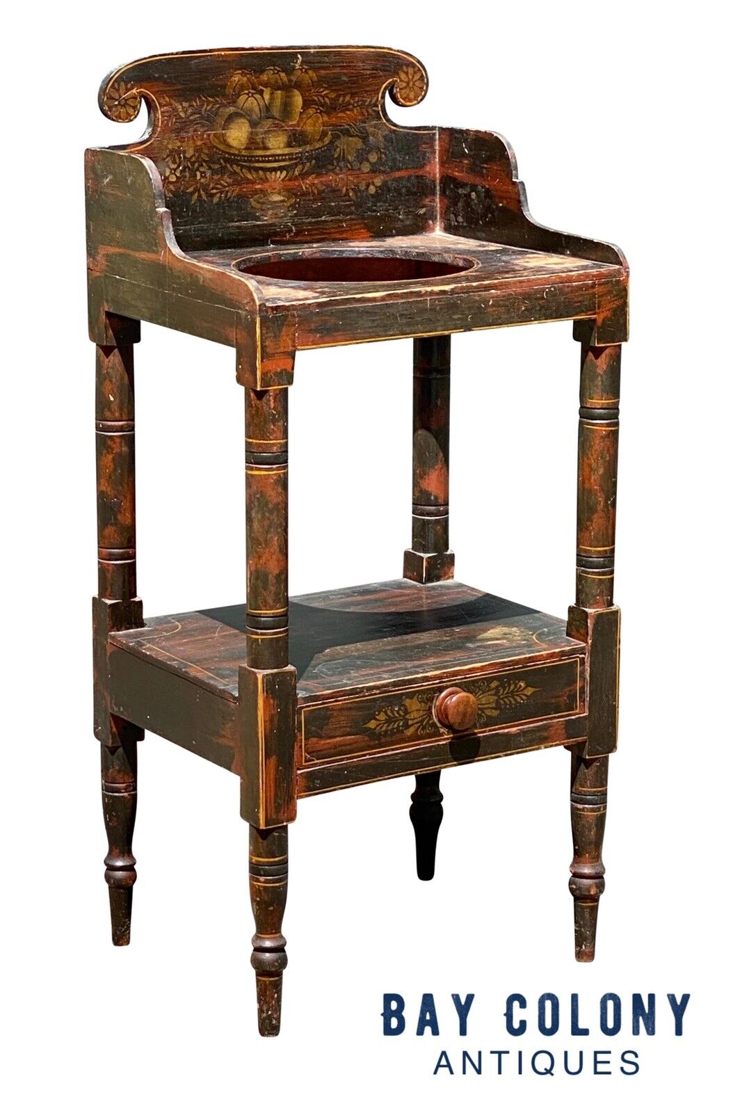 19th C Antique New England Sheraton Fancy Paint Wash Stand - Black & Red