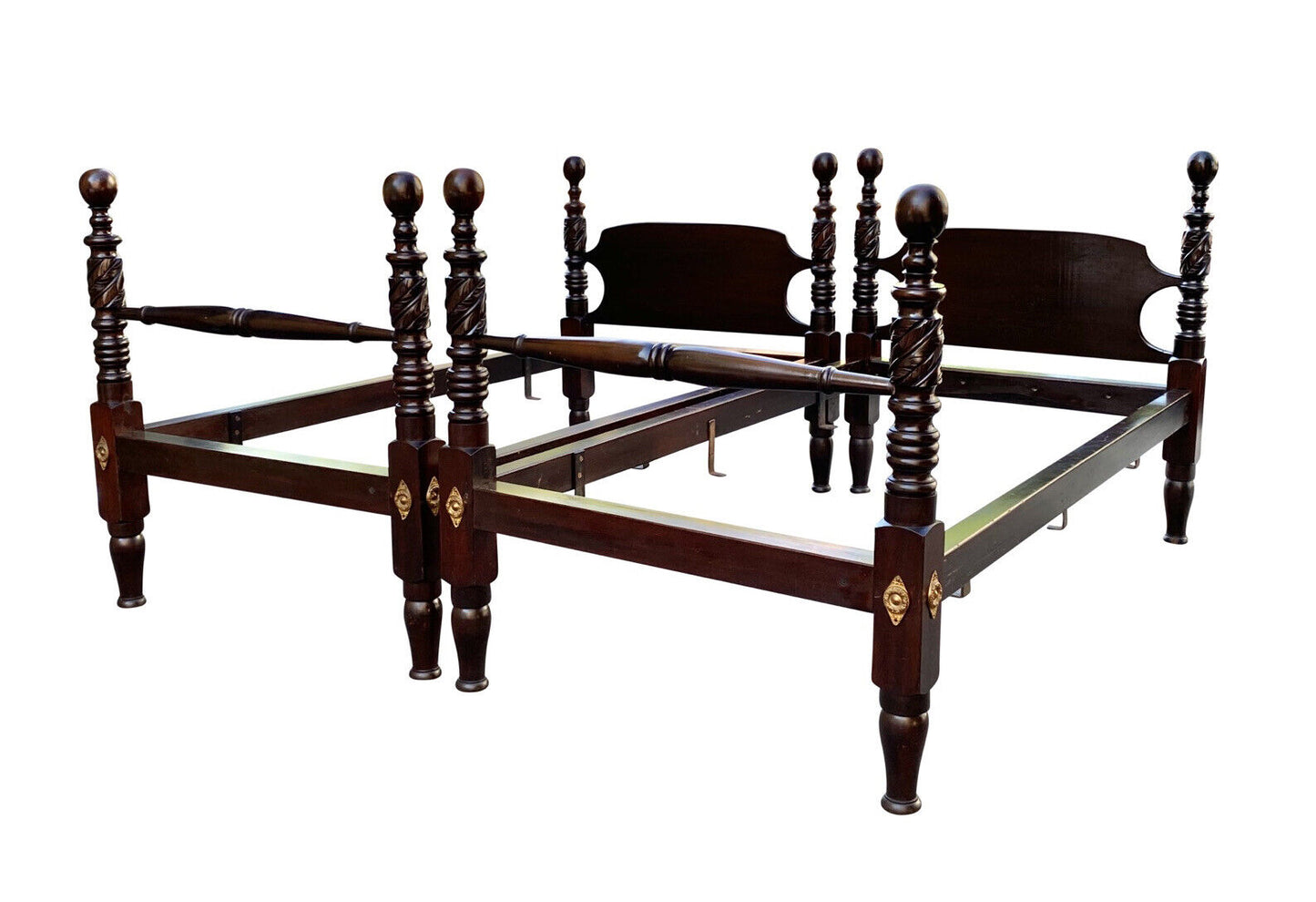 19th C Antique Pair of Twin Size Cannonball Beds W/ Acanthus Leaf Carved Posts