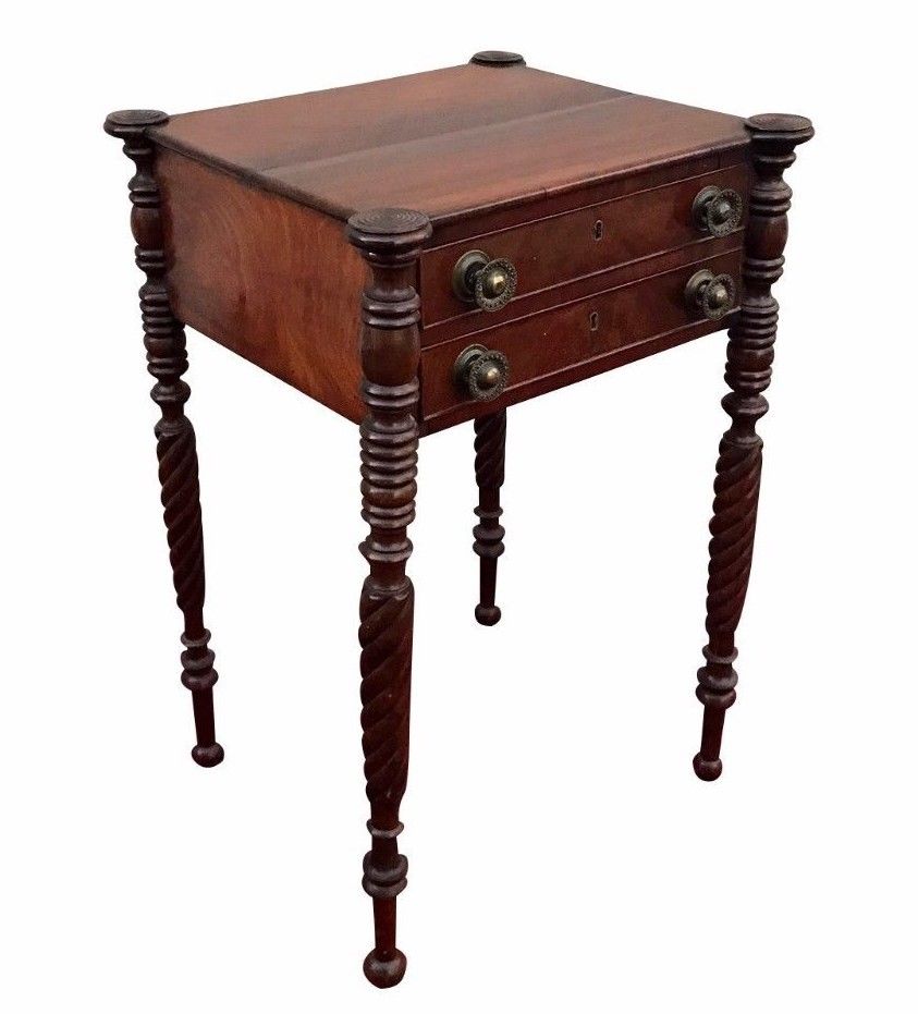 FINE SALEM MASSACHUSETTS SHERATON WORK TABLE WITH TURRET CORNERS & ROPE CARVINGS