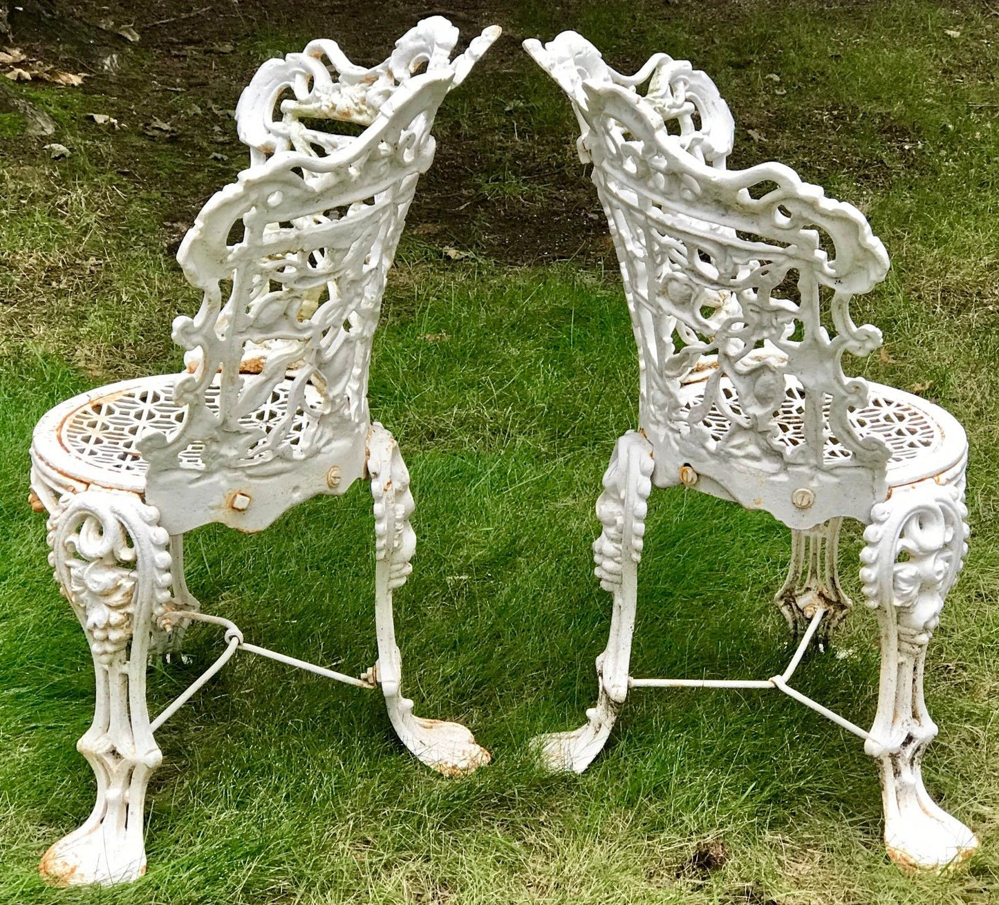 ANTIQUE 19TH C. VICTORIAN CAST IRON GARDEN CHAIRS W/ FLORAL AND VINE DESIGN