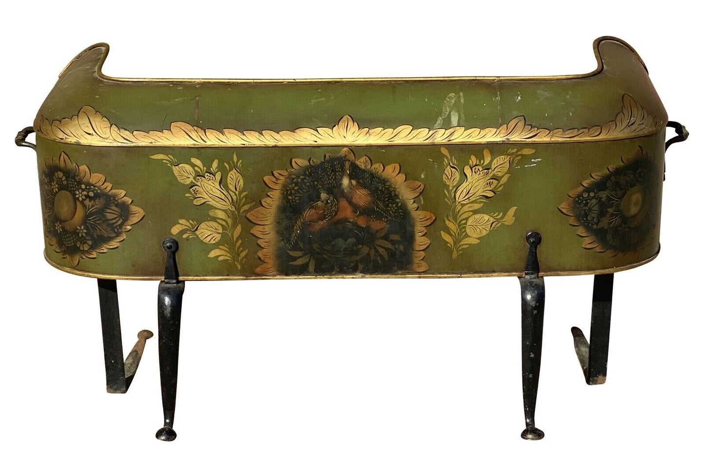 19th C Antique Green & Gilt Paint Tole Fireplace Warmer W/ Folk Art Paintings