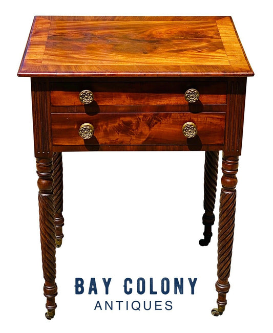 19TH C ANTIQUE MAHOGANY 2 DRAWER SHERATON WORK TABLE / NIGHTSTAND ~ ROPE LEGS