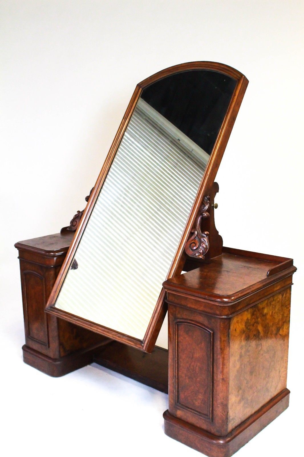 VICTORIAN BURLED WALNUT VANITY & FULL LENGTH CHEVAL MIRROR