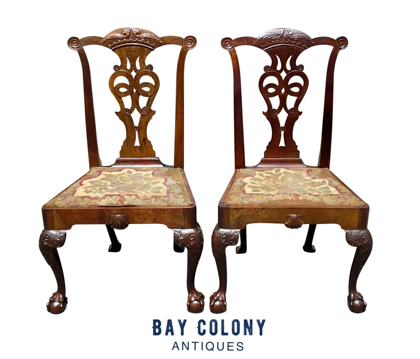 18th C Pair of Antique Irish Chippendale Chairs - Irish Phoenix W/ Ball & Claw