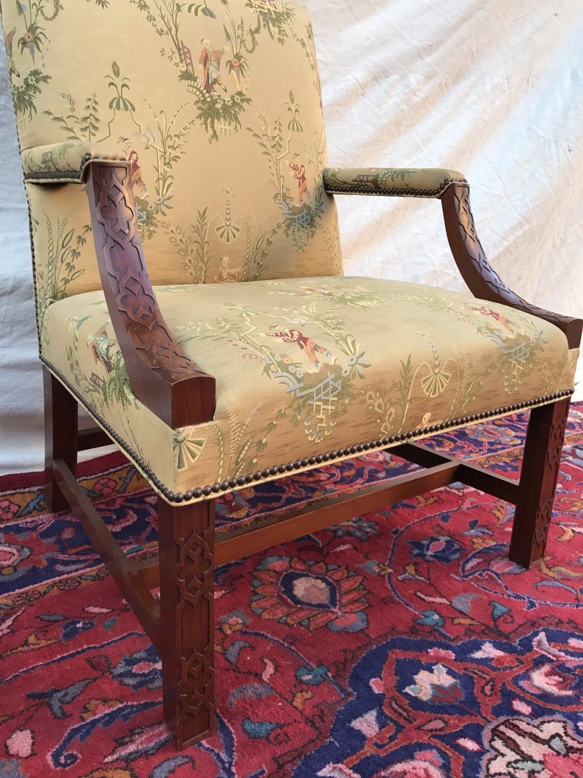 FABULOUS ANTIQUE CHINESE CHIPPENDALE LIBRARY LOLLING CHAIR-MINT GOLD SILK FABRIC