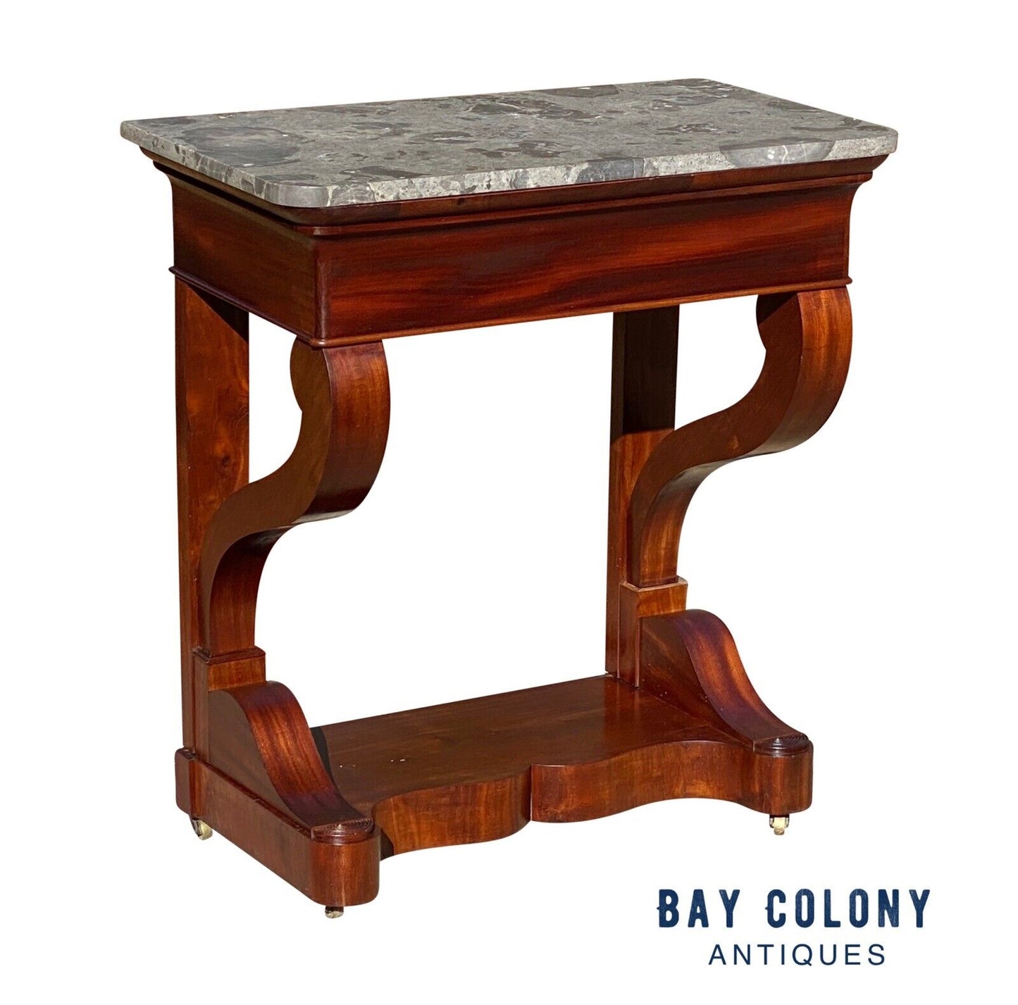 19th C Narrow Antique French Empire Mahogany Console Table With Granite Top