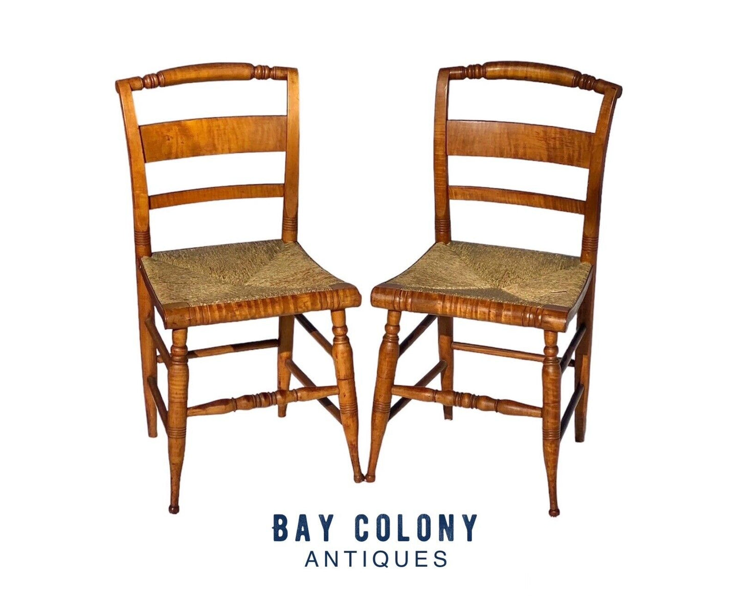 Antique Pair of Tiger Maple Side Chairs with Rush Seats