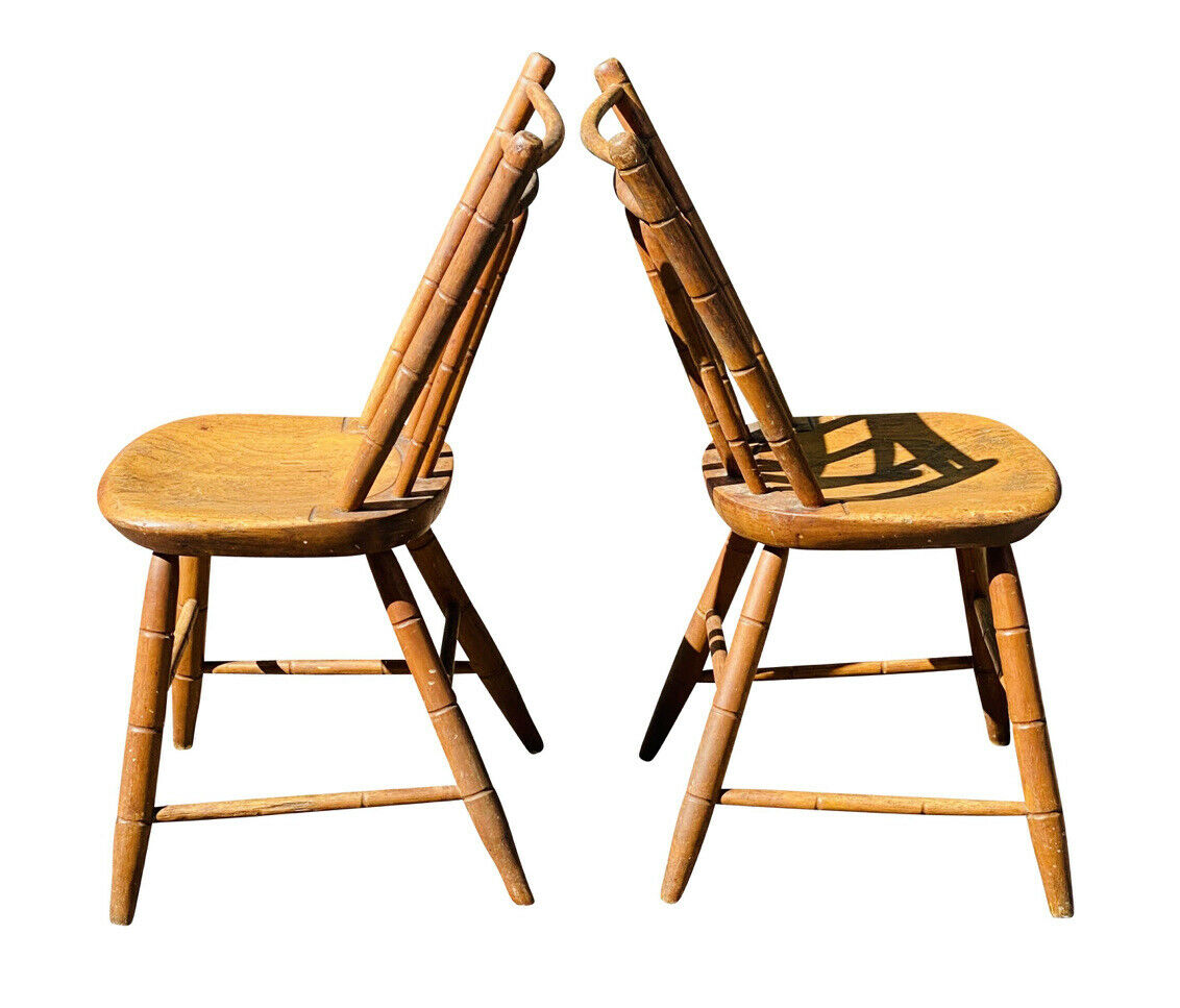 19TH C ANTIQUE SET OF 4 COUNTRY PRIMITIVE BAMBOO CARVED BIRD CAGE WINDSOR CHAIRS