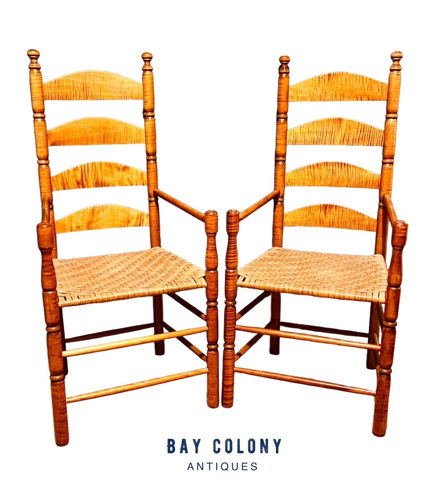 Vintage Pair of William & Mary Style Tiger Maple Ladder Back Armchairs