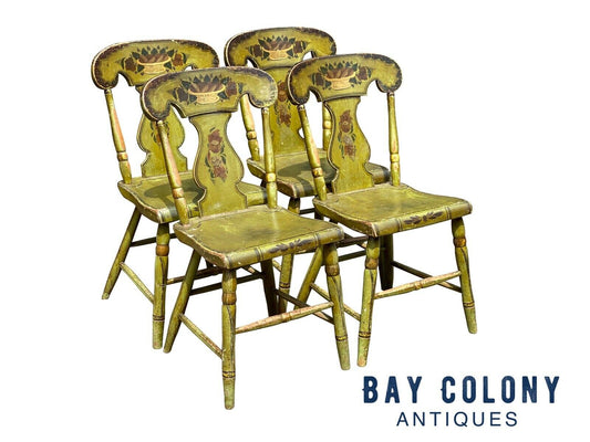 19TH C ANTIQUE SHERATON FANCY PAINT DINING CHAIRS IN BITTERSWEET GREEN PAINT