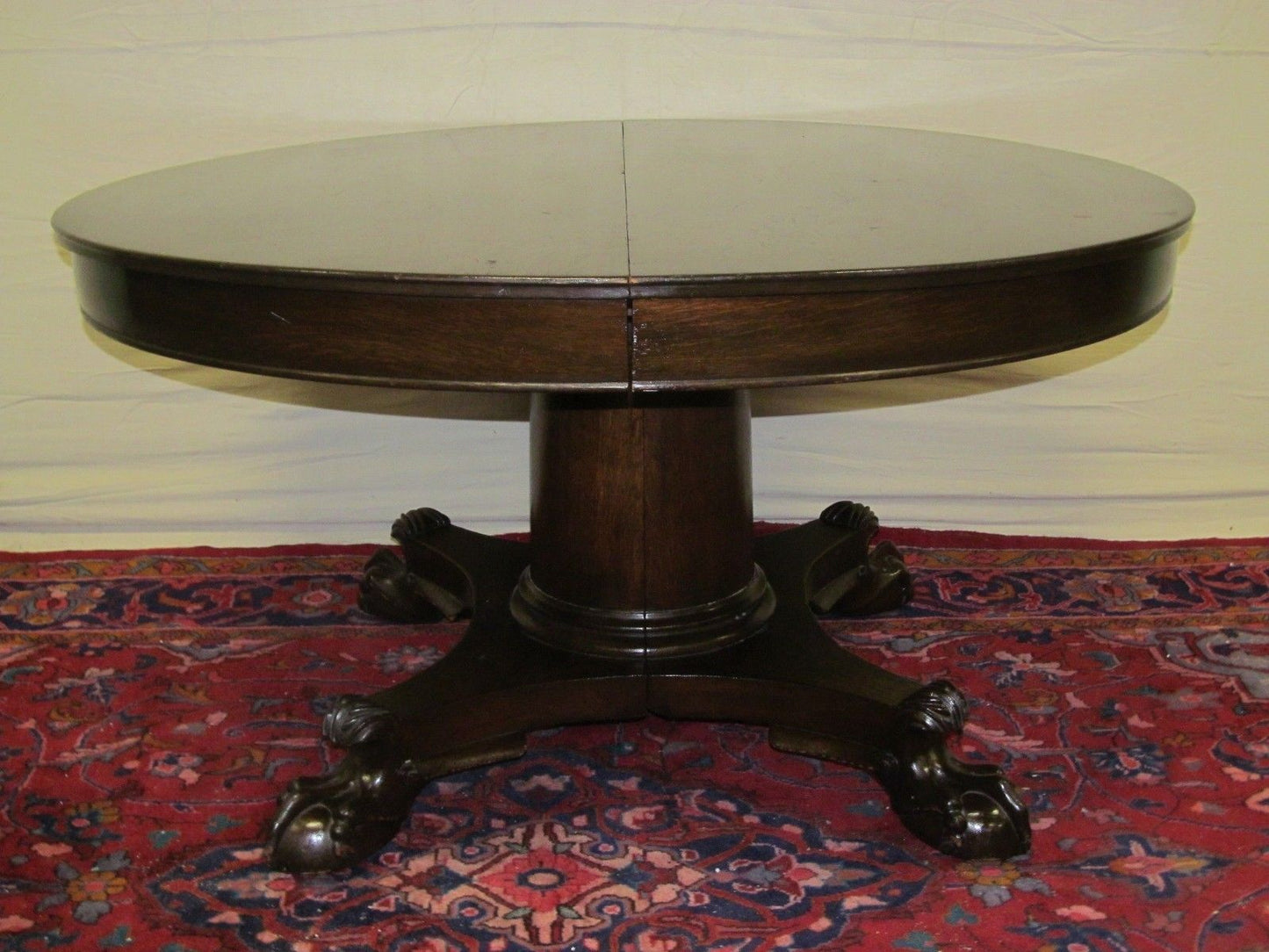 VICTORIAN SOLID TIGER OAK DINING TABLE ON PEDESTAL TALON LEG CARVED BASE